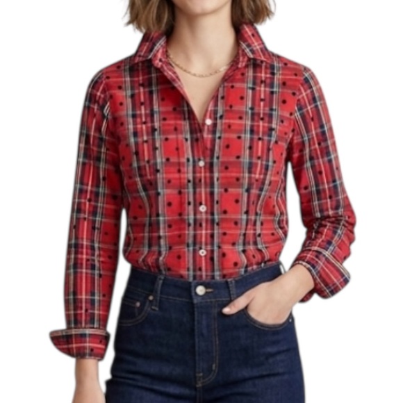 J. Crew Tops - J.Crew Slim Perfect Shirt Red Stewart
Tartan Plaid Velvet Polka Dot Size 8